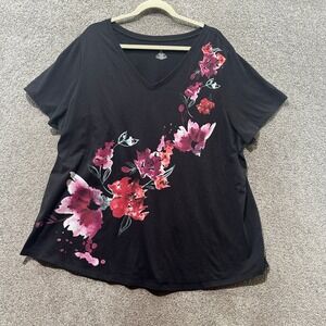 EVRI Women's 2X Black Floral V-Neck Short Sleeve Casual T-Shirt Top